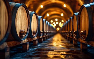 Wine barrels lined in a dimly lit cellar. Rows of wooden wine barrels fill a rustic cellar, illuminated by warm, soft lights creating an inviting atmosphere.