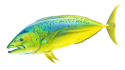 Vibrant yellow and blue fish swimming gracefully in clear ocean waters