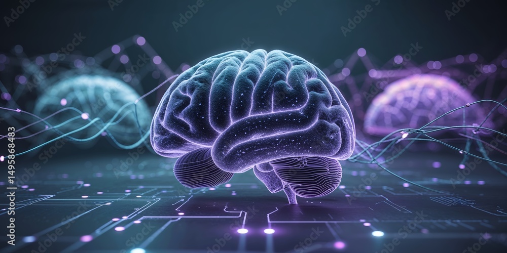Poster digital representation of a human brain illustrating neural connections and data transmission