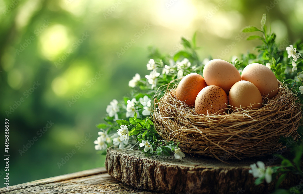 Poster natural nest with fresh eggs and flowers. a rustic nest made of twigs holds several fresh eggs and i