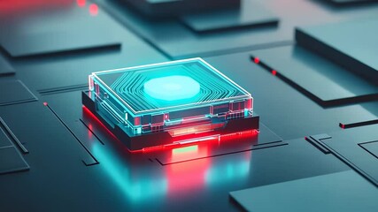 Futuristic circuitry: glowing tech cube animation on a dynamic grid surface - Powered by Adobe