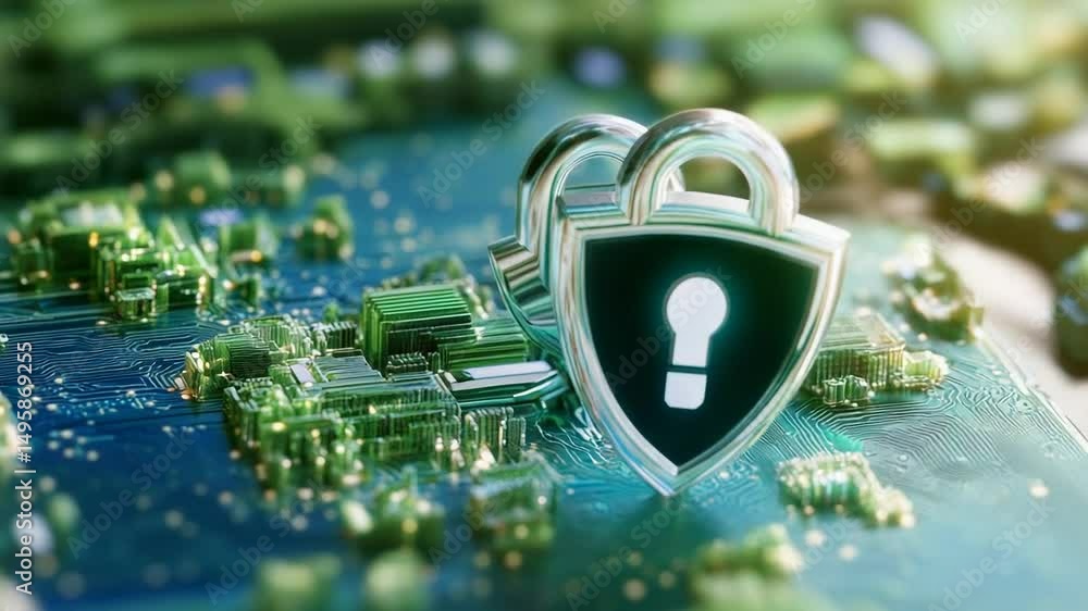 Poster digital security shield on circuit board representing cyber protection.