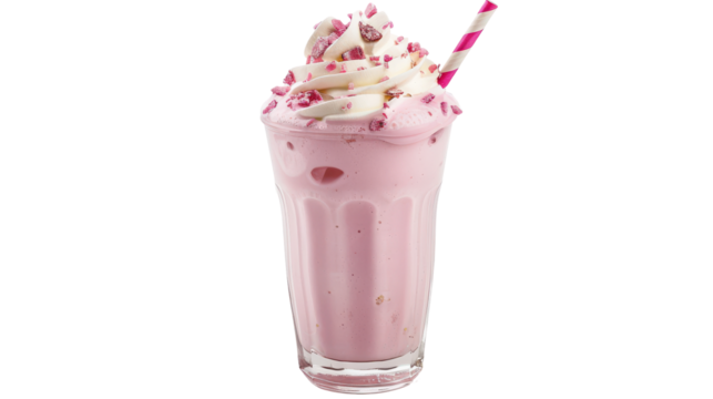 Creamy pink milkshake topped with whipped cream and sprinkles in a glass with a straw