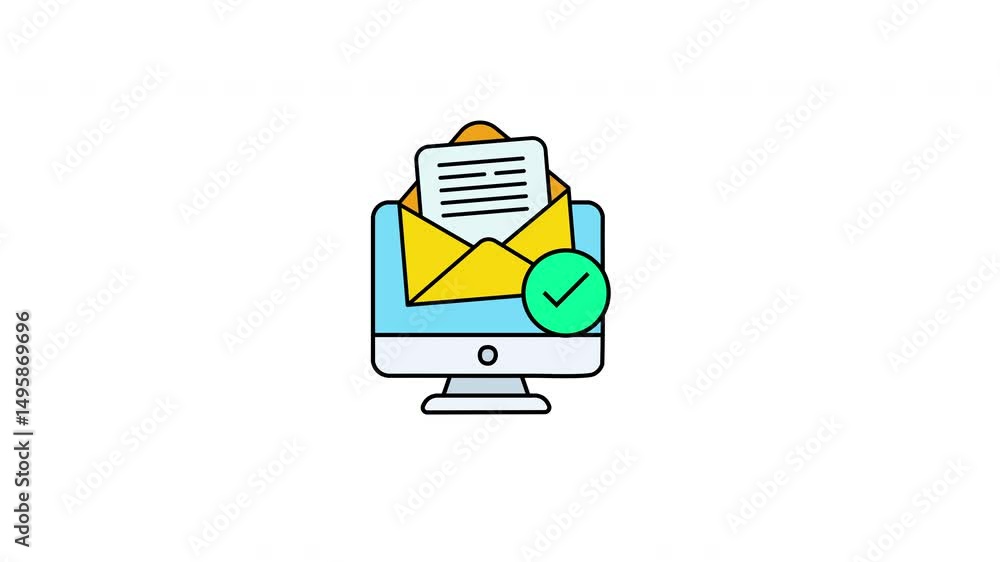 Poster animation of a stylized computer monitor with an open yellow envelope and green checkmark. a green c