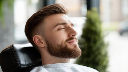 Relaxed man enjoying a refreshing barber experience at modern hair salon.