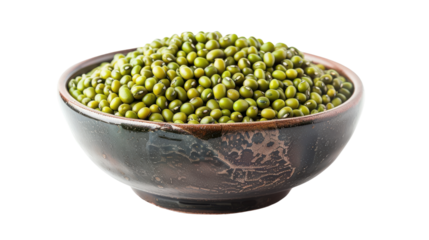 Bowl of fresh green mung beans with a textured surface, isolated on a white background