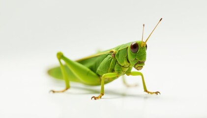 Fototapeta premium A single green grasshopper against pure white, nature photography, close-up