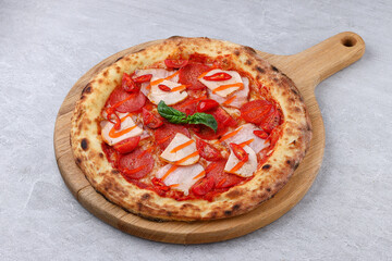 Neapolitan Pepperoni and Chicken Pizza on Wooden Paddle, Overhead Food Photography