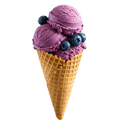 Blueberry ice cream cone with berries isolated on transparent background