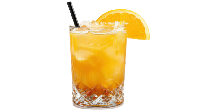 Refreshing cocktail served in a crystal glass with ice and an orange slice garnish