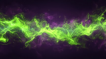 A vibrant green and purple nebula cloud floating in a dark cosmic space with faint stars scattered around