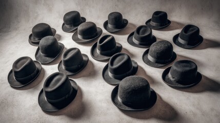 Many black hats arranged