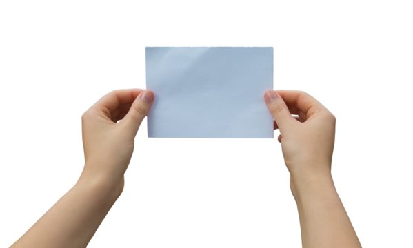 Woman hands holding a blank paper sheet isolated on transparent background