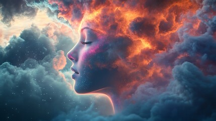 Celestial vision of a woman surrounded by vibrant clouds picture