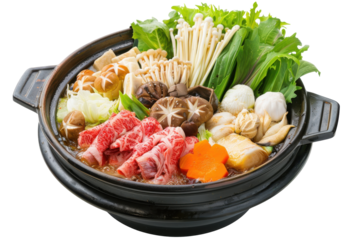 A vibrant hot pot filled with fresh vegetables, mushrooms, and meat, ready to serve