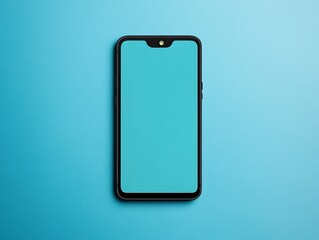 Minimalistic bezel-less smartphone front design with no content on a solid azure blue background