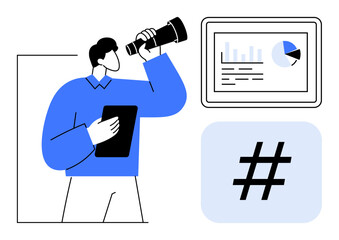 Man with telescope and tablet exploring analytics on screen with graphs and metadata tag. Ideal for marketing, strategy, analytics, trends, content creation, networking, simple landing page
