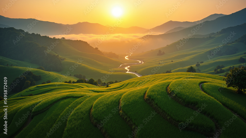 Poster the image shows a stunning view of a green field with a river running through it