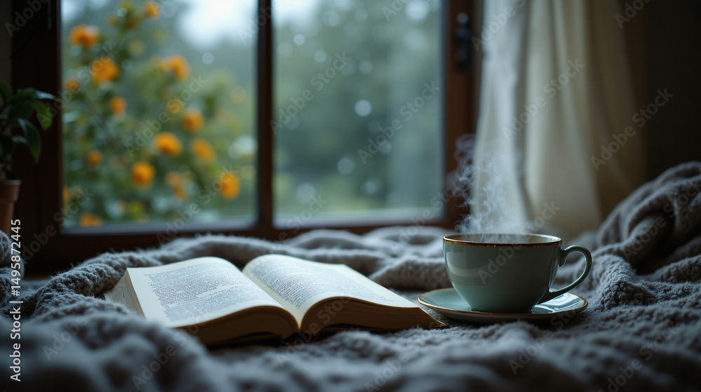 Poster the image shows an open book and a cup of coffee on a bed in front of a window