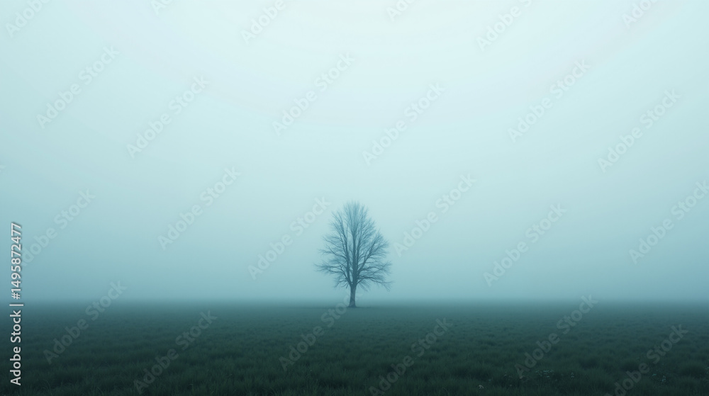 Poster the image shows a lone tree standing in the middle of a foggy field