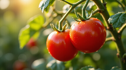 Obraz premium The image shows two ripe tomatoes on the vine with water droplets on them