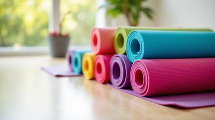 The image shows a stack of colorful yoga mats on a wooden table