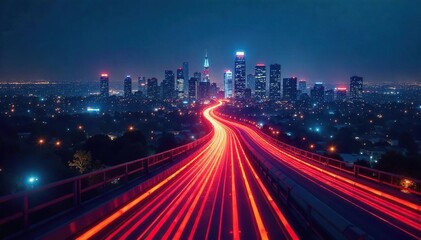 Fototapeta premium A futuristic cityscape at night, glowing fiber optic cables forming a network across buildings, representing the digital information superhighway , electronic, cables
