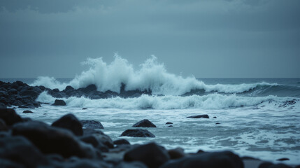 The image shows a rocky beach with waves crashing on the rocks and a cloudy sky in the background.