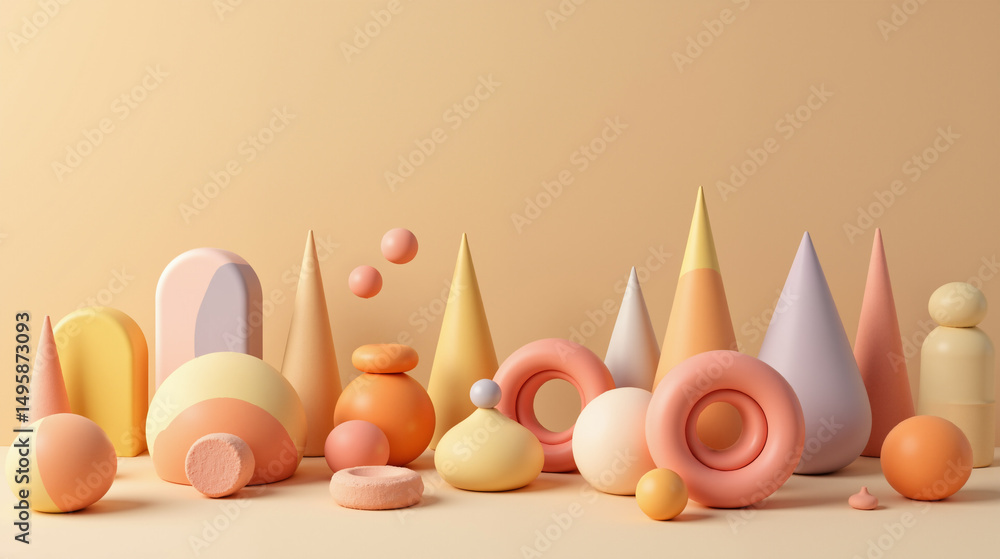 Poster the image shows a group of different shapes and colors on a beige background