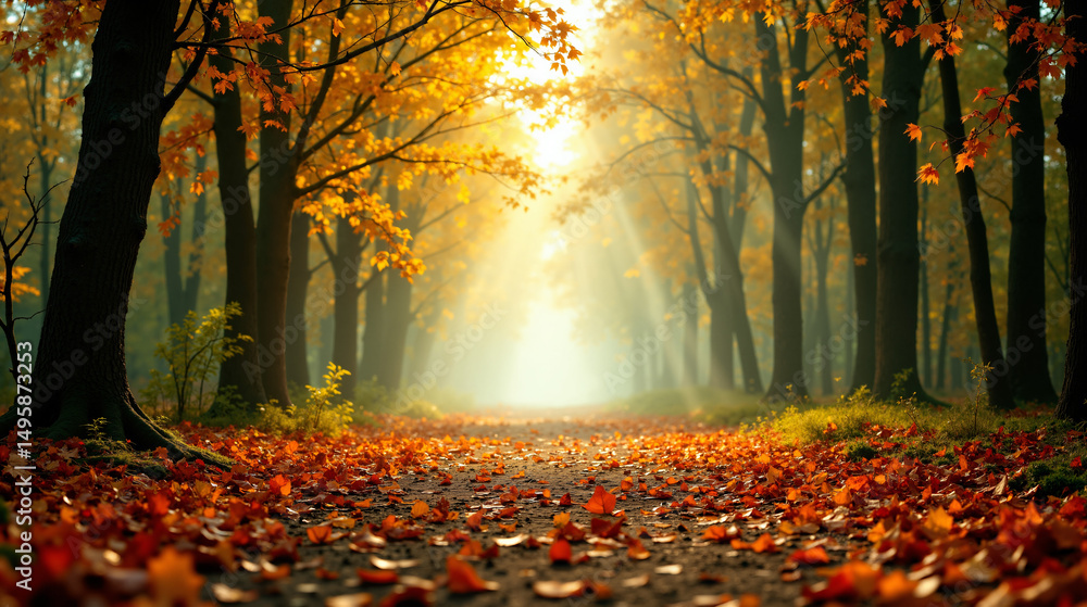 Poster the image shows a path in the middle of a forest with yellow leaves on the ground