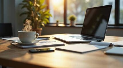 The image shows a laptop computer sitting on top of a wooden desk next to a cup of coffee. On the desk there are also books