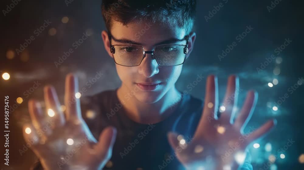Poster a young man interacts with dynamic and vibrant holographic graphics displayed in a darkened environm
