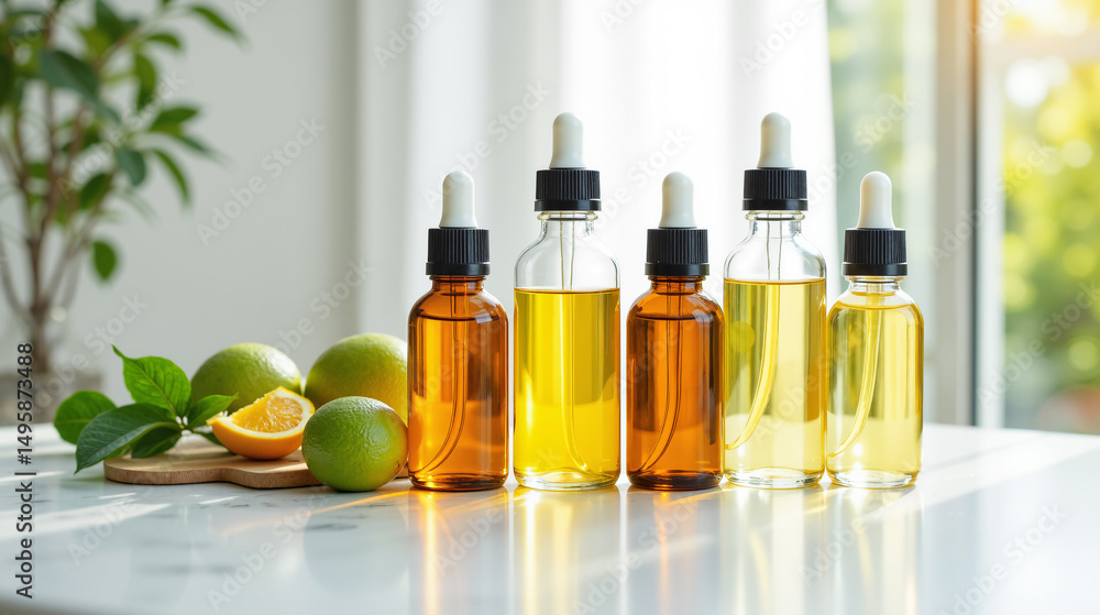 Poster the image shows five bottles of essential oils sitting on top of a counter