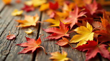 The image shows a wooden table with a bunch of colorful autumn leaves scattered across its surface. The leaves are in various shades of red