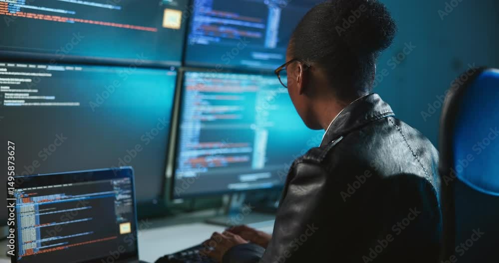 Poster Black woman, computer screen and programming for cybersecurity at office, coding and software at night. Person, developer and monitor for information technology, typing and solution for protection