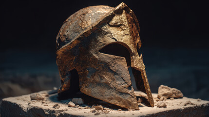 Ancient helmet worn rustic gold accents historical artifact stone base dramatic lighting textured surface