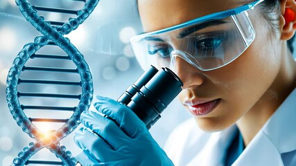 Scientist examining dna helix under microscope for genetic research and innovation - Powered by Adobe