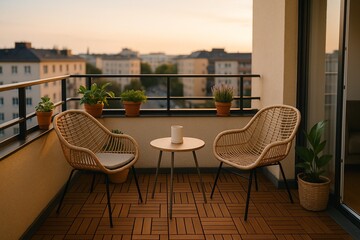 Scandinavian balcony with rattan chairs, wooden floor tiles and potted plants