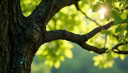 Fototapeta premium Close-up of intertwined family tree branches, sunlight dappled , sunlight, family tree