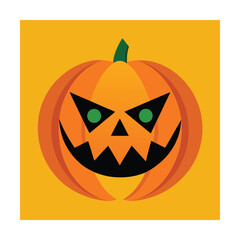 A smiling halloween pumpkin with spooky green eyes and a vector illustration background