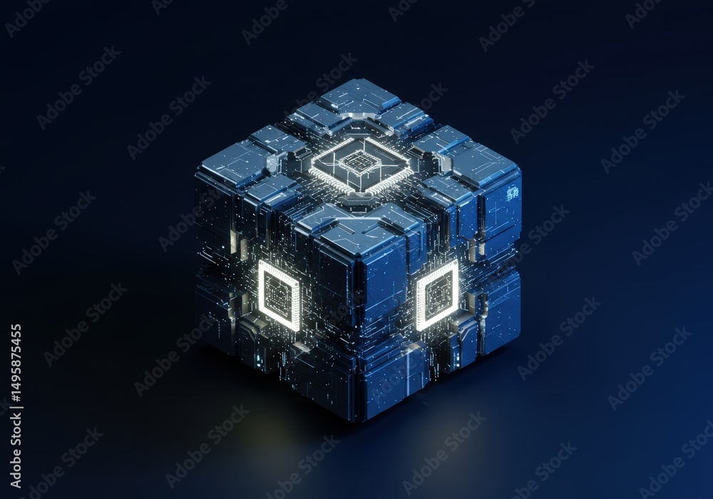 Poster futuristic glowing metal cube geometric shape with circuit board chips. data center technology conce