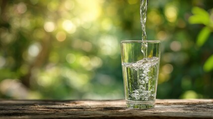 Refreshing water being poured into a glass outdoors