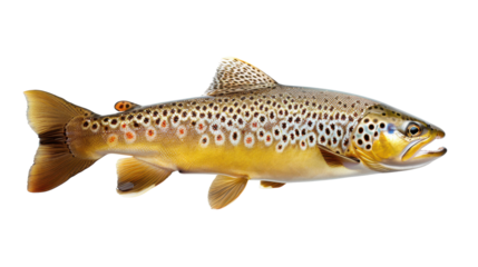 Brown trout swimming gracefully in clear water with vibrant aquatic plants in the background