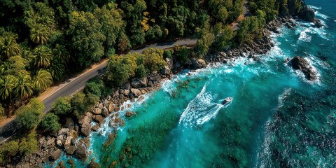 Coastal view with a motorboat navigating turquoise waters near a lush forested shoreline