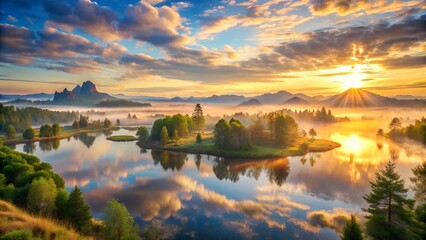 Serene sunrise or sunset over lake with colorful sky, clouds, and tree reflections on calm water