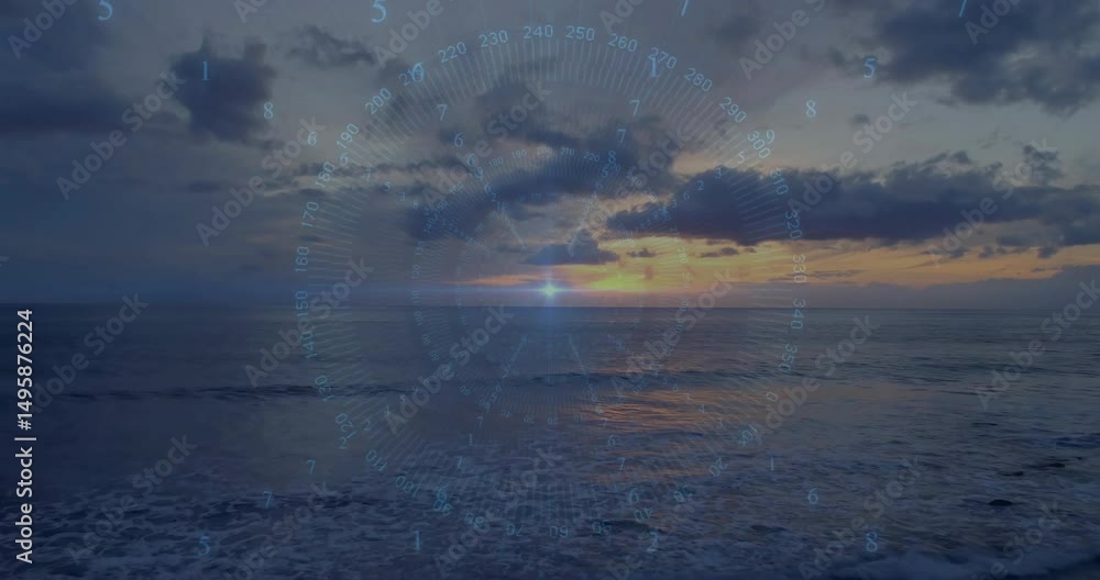 Poster at start sun sinking over ocean lighting waves and circular gauge rotating pulsing scanning horizon
