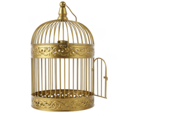 Golden birdcage with open door isolated on transparent background