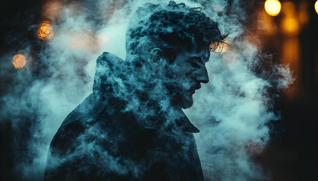 Moody silhouette of a man shrouded in hazy mist, against a bokeh-lit, dark backdrop