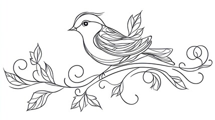 Obraz premium Bird perched on branch, illustrated in black and white with leafy background