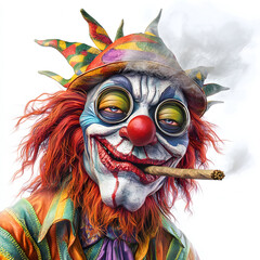 Heavily Intoxicated clown with red bloodshot eyes smoking a large marijuana weed spliff isolated on a white background 